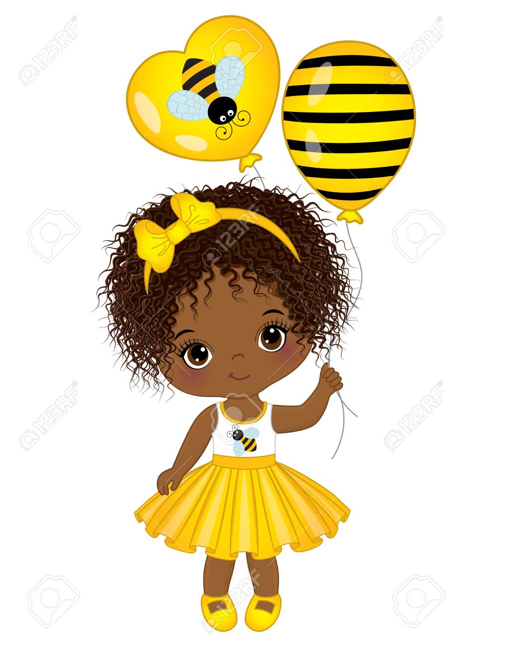 気球搭載するアフリカ系アメリカ人かわいい女の子をベクトルします 少女は蜂スタイルに身を包んだ ほとんどのアフリカ系アメリカ人女の子ベクトル図 のイラスト素材 ベクタ Image