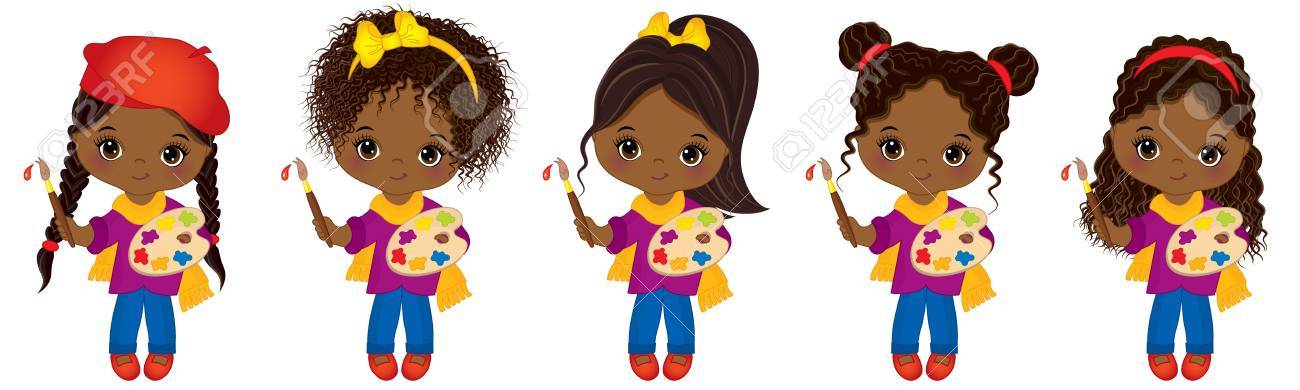 さまざまなヘアスタイルとかわいい小さなアフリカ系アメリカ人女の子をベクトルします ベクトルのパレットとペイント ブラシはほとんどのアフリカ系アメリカ人 アーティスト ほとんどのアーティスト イラストのイラスト素材 ベクタ Image