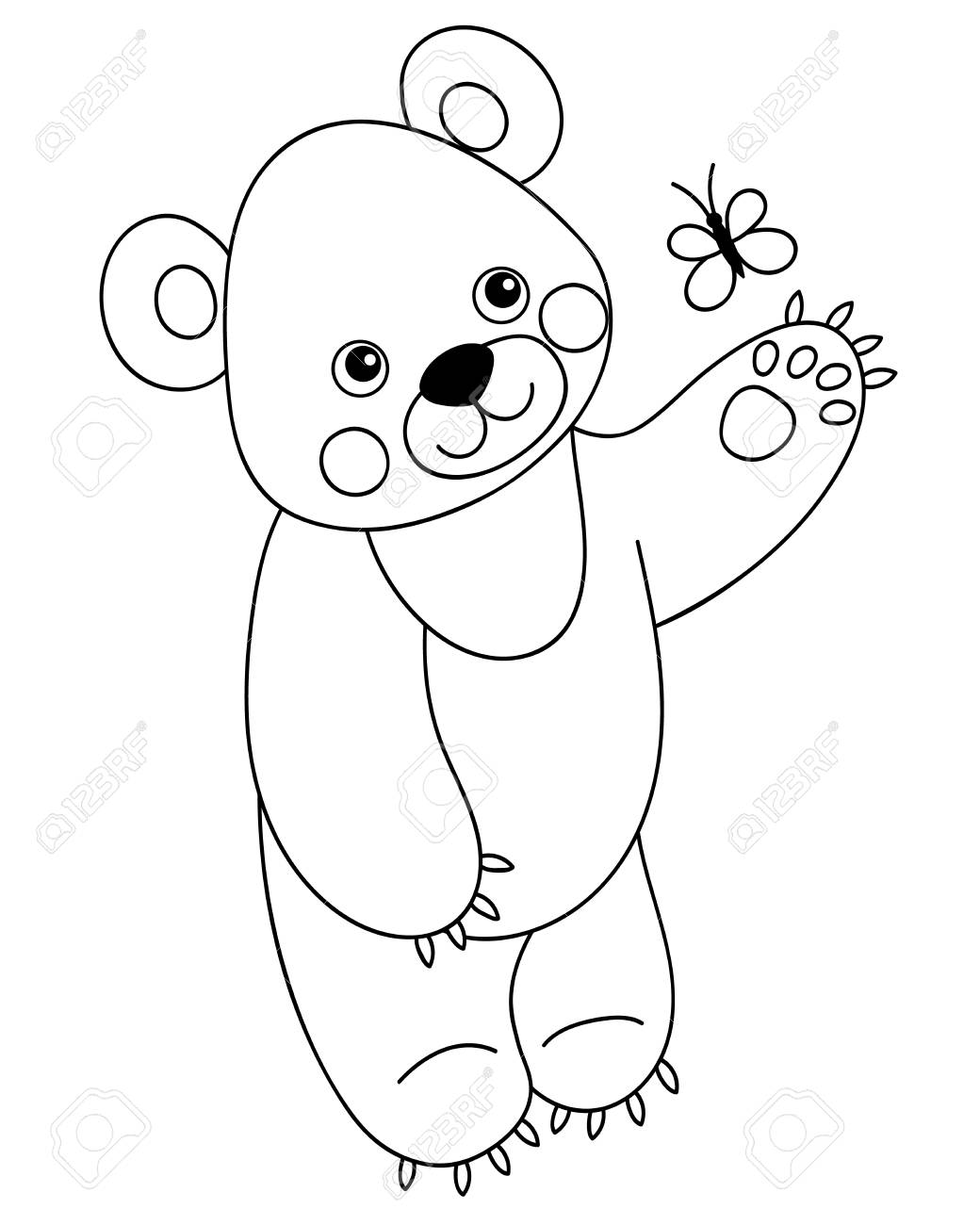 Vector Black And White Cute Cartoon Bear With Butterfly Vector