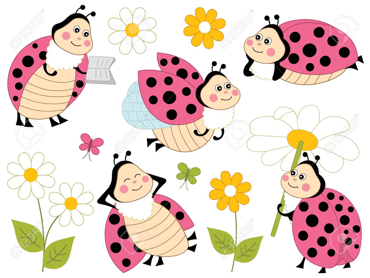 Un Ensemble De Coccinelles De Dessin Animé Mignon Des Fleurs Et Des Papillons