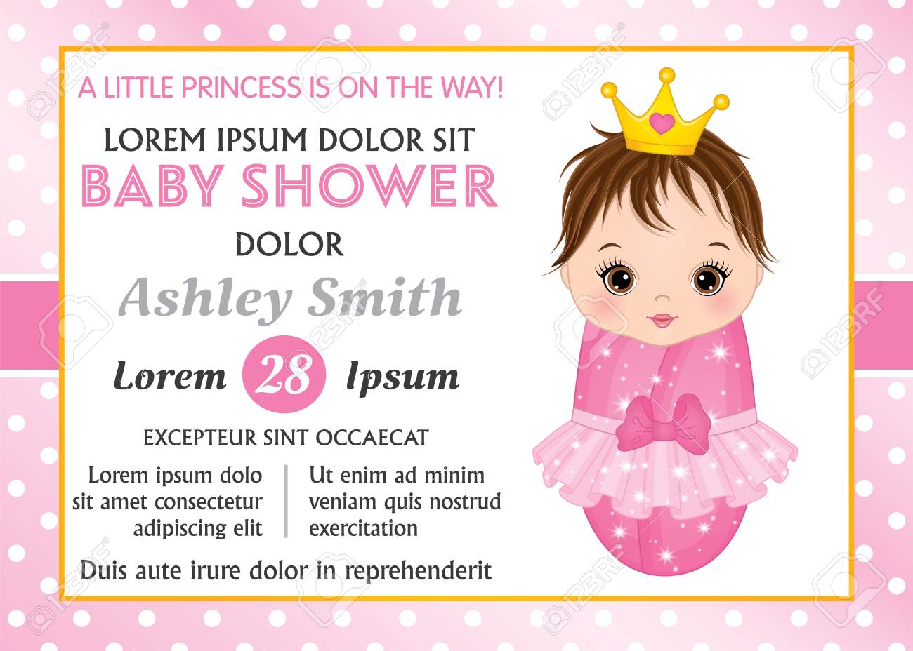 Modele De Carte De Vecteur Avec Bebe Mignon Habille En Princesse Modele De Carte Pour La Douche De Bebe Fille Sur Fond De Pois Douche De Vecteur Bebe Fille Illustration Vectorielle Clip