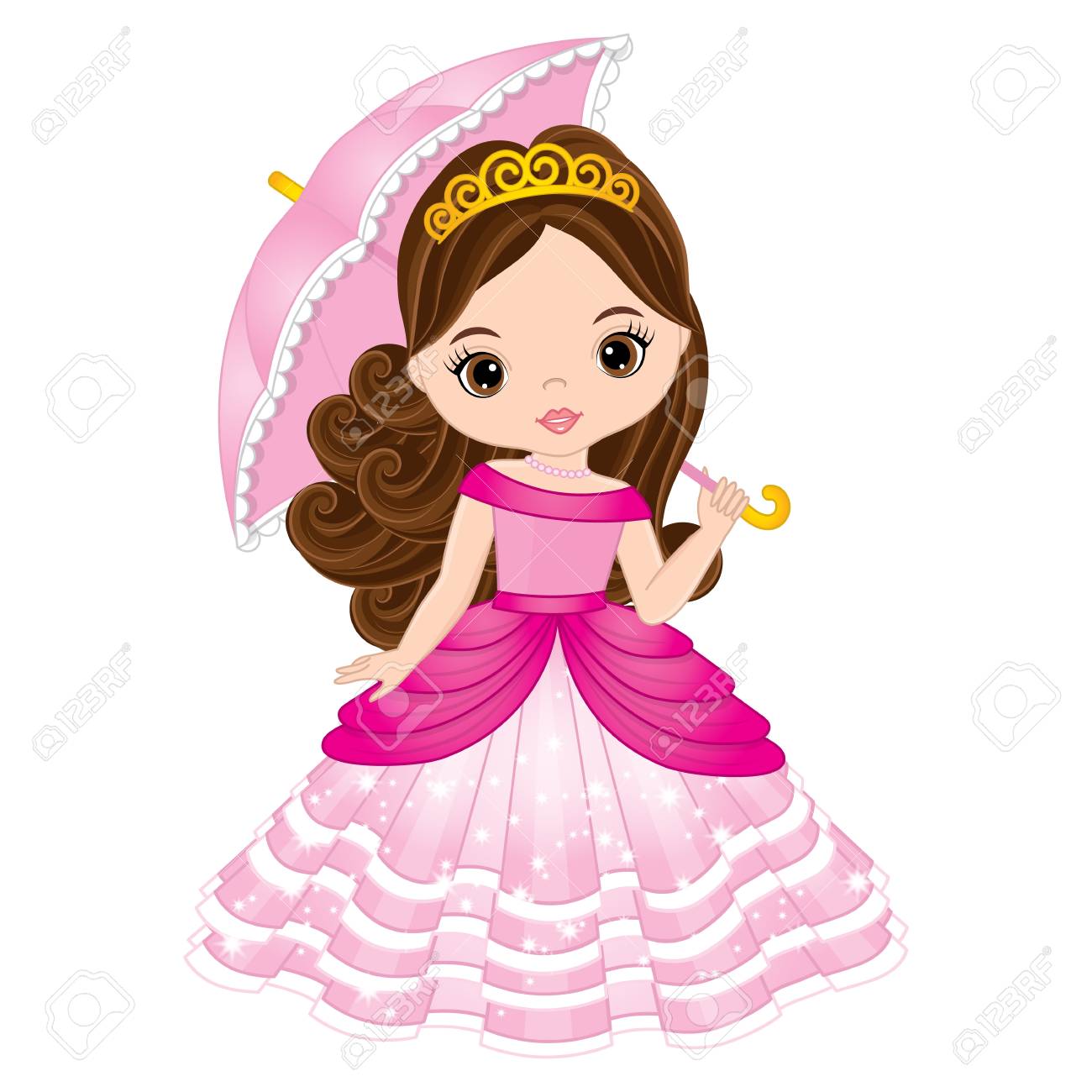 Vector beautiful princess in pink dress holding umbrella. Vector..
