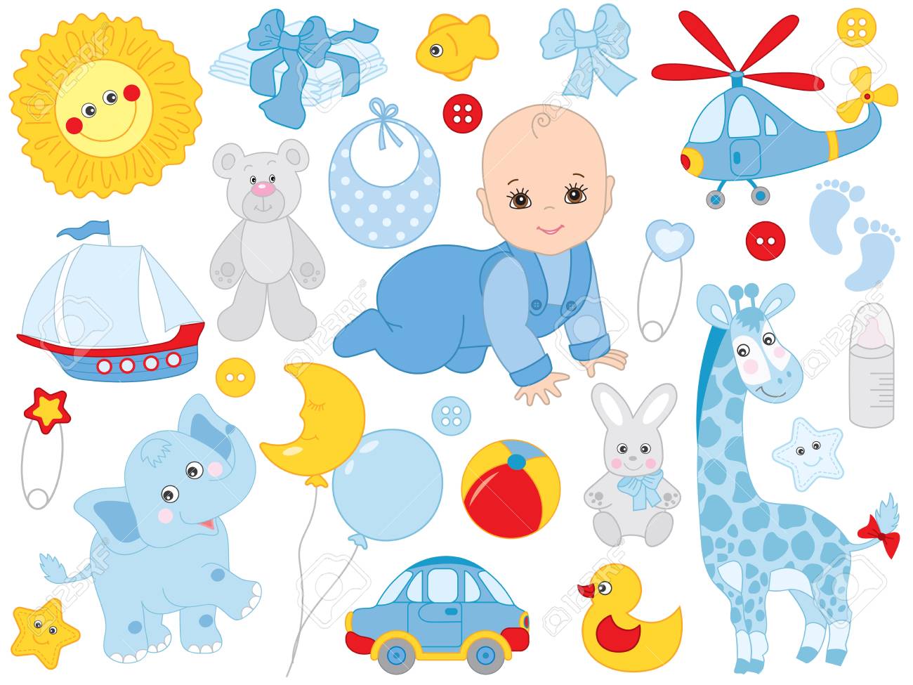 Jeu De Bebe Garcon Vector L Ensemble Comprend Un Joli Petit Garcon Des Accessoires Et Des Jouets Douche De Bebe Garcon Vector Garcon Garcon Vector Illustration Clip Art Libres De Droits Vecteurs