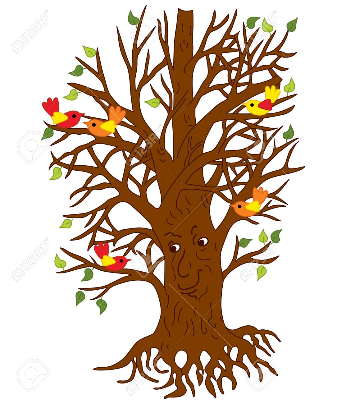 Arbre Magique De Dessin Animé De Vecteur Avec Le Visage Et Les Oiseaux Arbre Magique De Vecteur Illustration Vectorielle Darbre