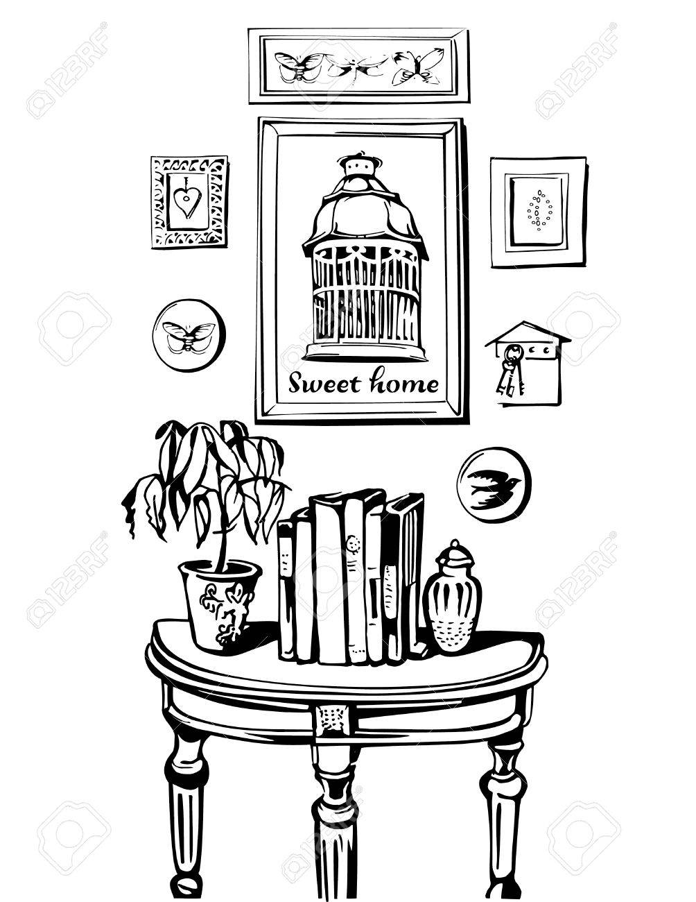 Sweet Home Vector Illustration De Lintérieur Vintage Avec Table De Console Images Cage Pour Oiseaux Livre Fleurs En Pot Noir Ligne De La