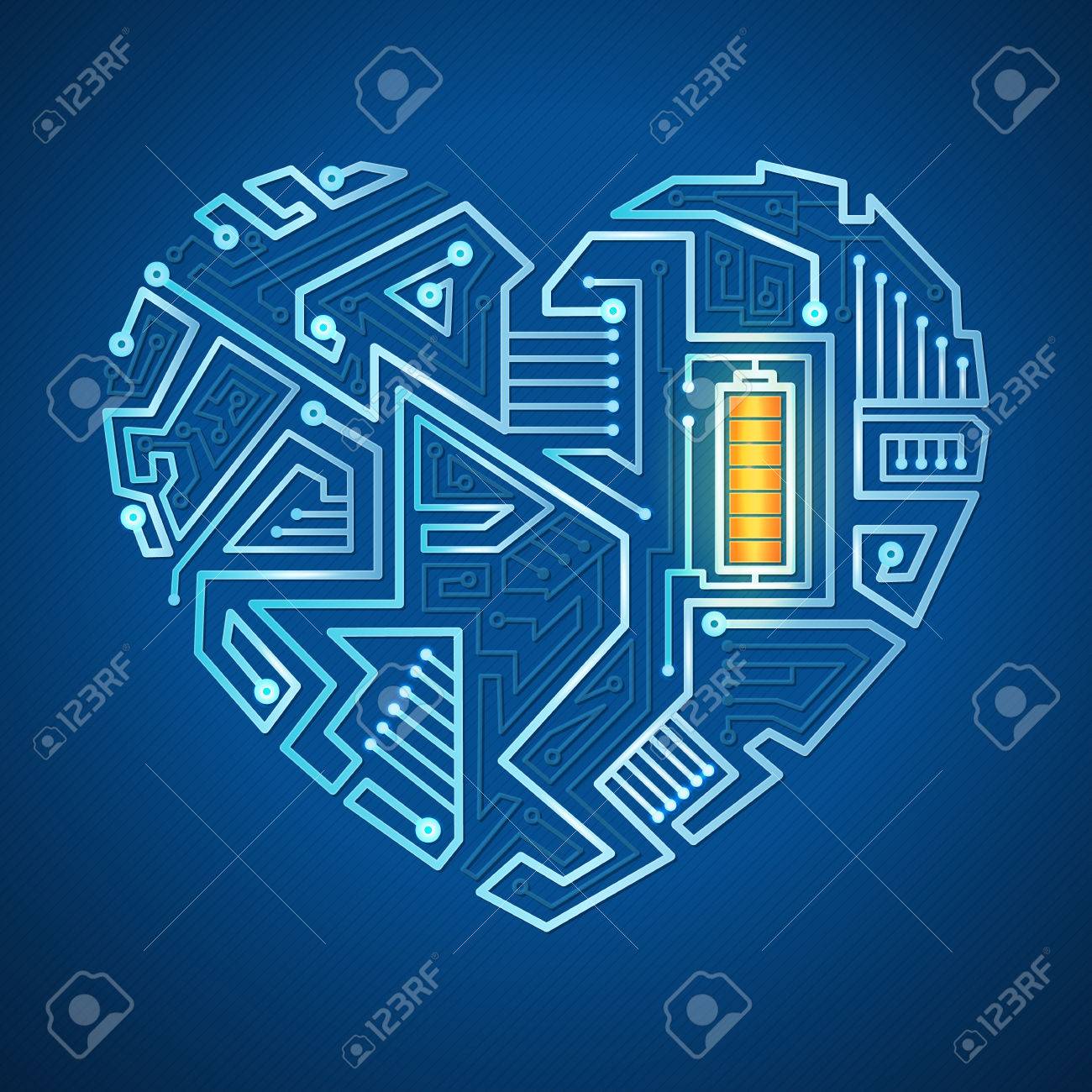 technological background the heart of the wires on a blue blue circuitry background