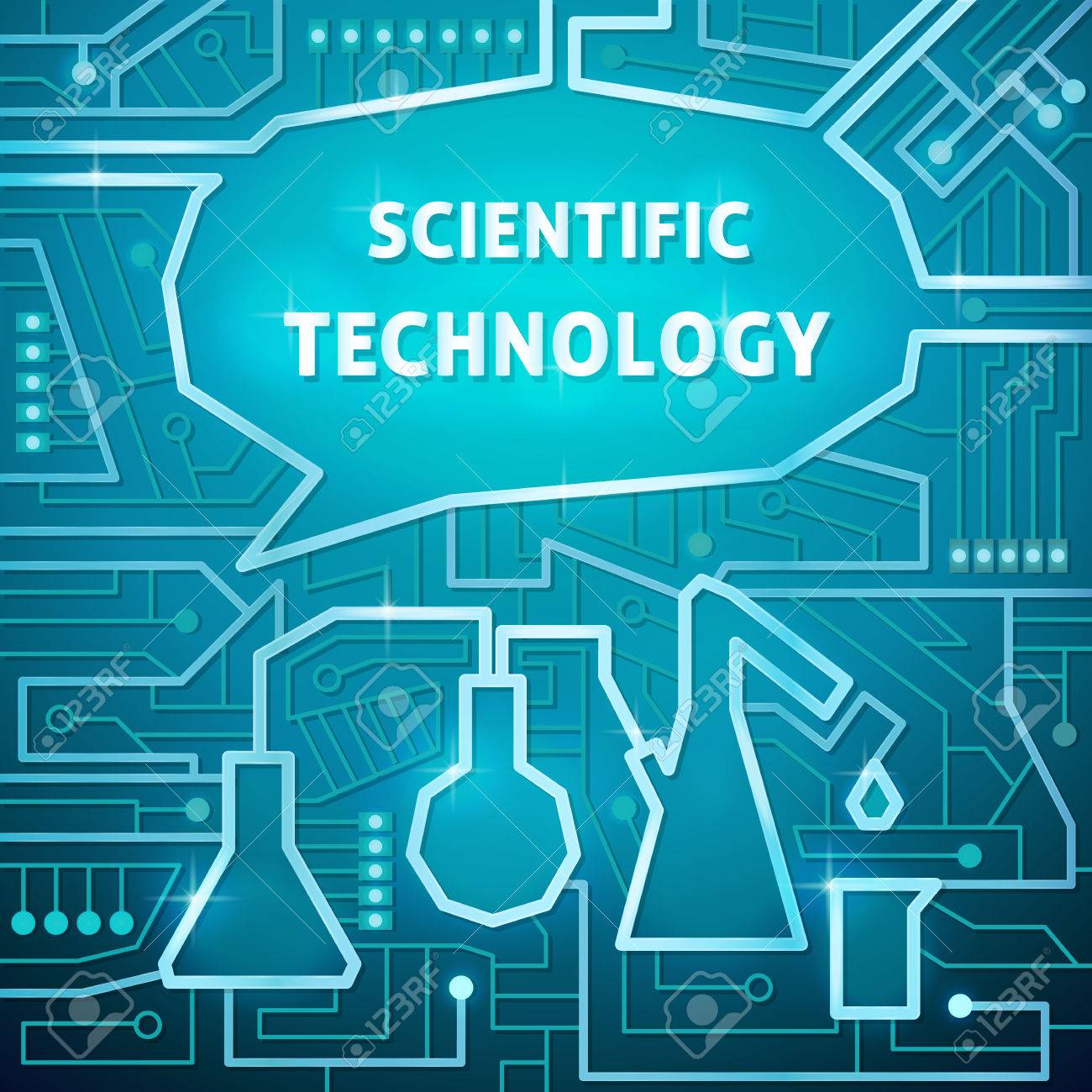 scientific background with beakers flasks and intertwined wires blue circuitry background