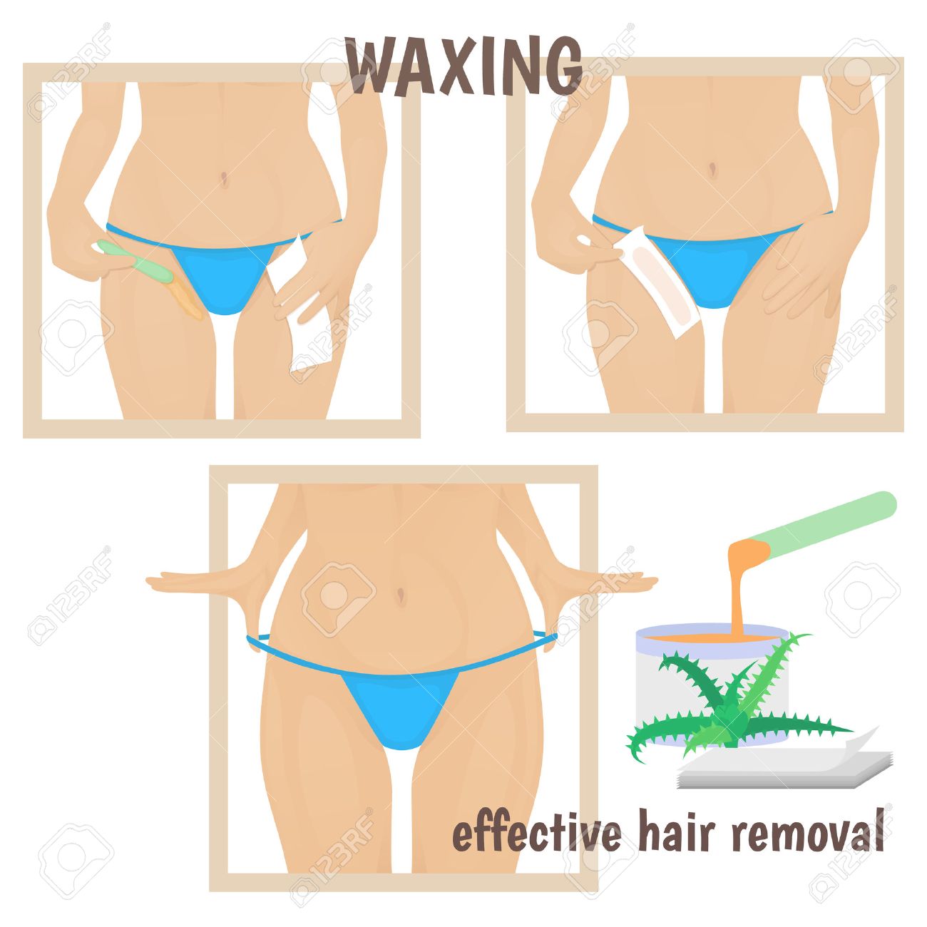 Female Torso Woman In Blue Shorts Rubs Wax Hair Removal Bikini