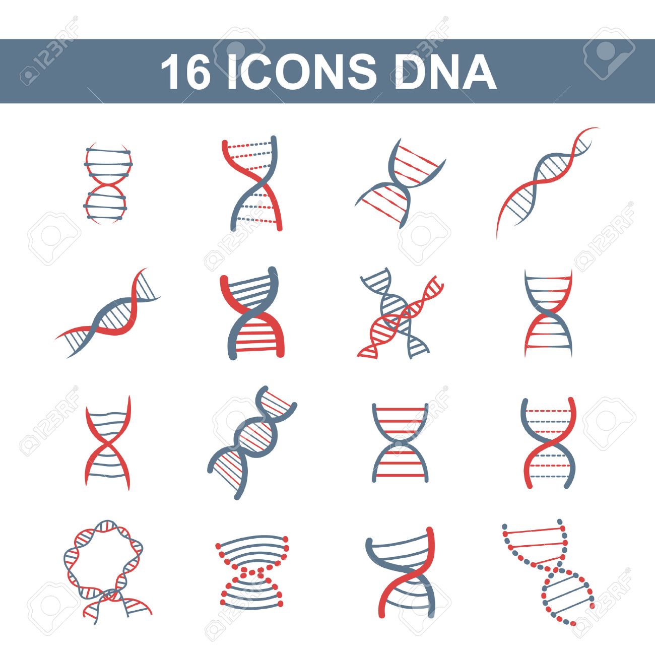 set of different style of scientific icons with spiral DNA in blue and red color on a white background - 34209458 set of different style of scientific icons with spiral DNA in blue and red color on a white background - 34209458