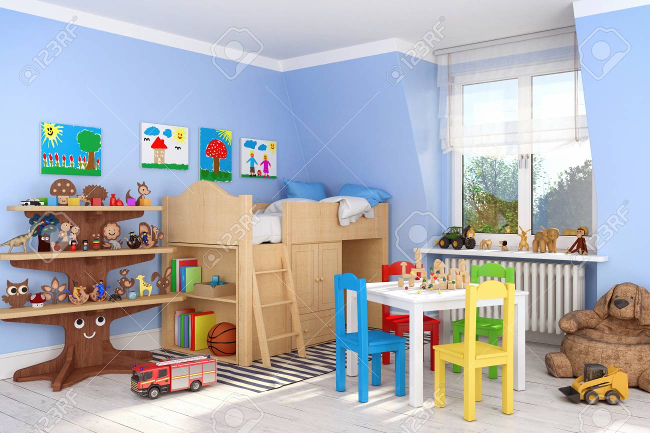 3d Render Of A Children S Room With Bed And Toys Boy