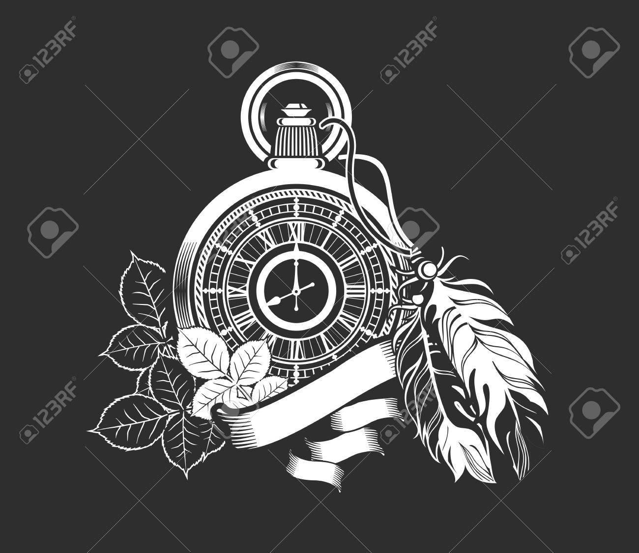黒の背景に羽で飾られたベクトル図懐中時計 のイラスト素材 ベクタ Image