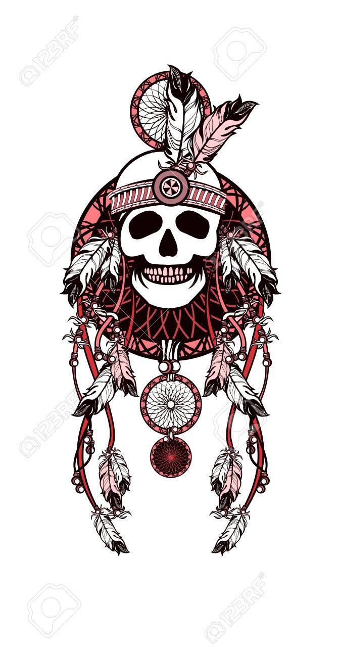 Vector Illustration Indian Totem Skull Headdress With Feathers