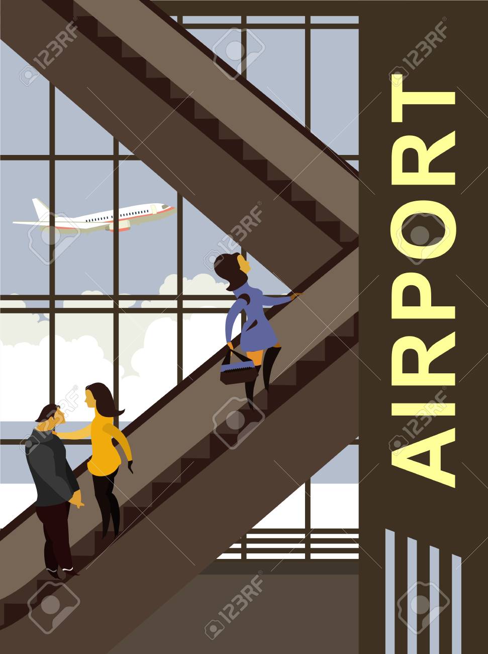 空港の建物 エスカレーター上に人々 移動のベクトル イラスト のイラスト素材 ベクタ Image