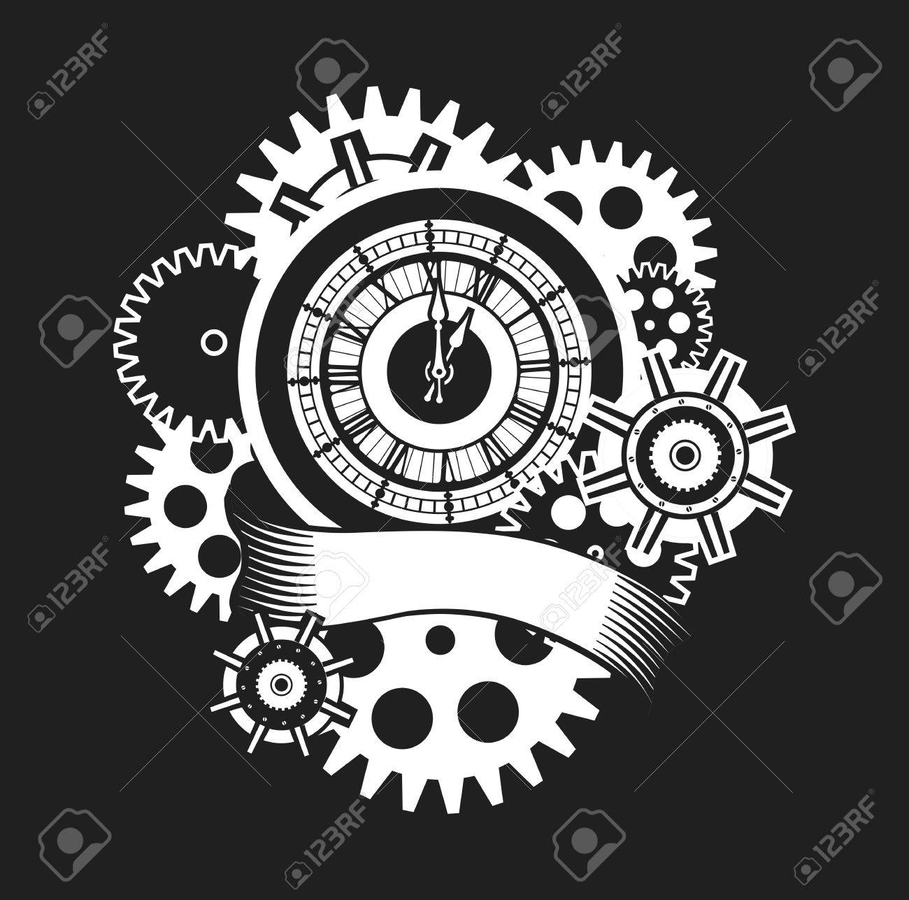 Vector Illustration Of A Clock Face Surrounded By Mechanical Parts And Wrap  Holiday Banner Black And White Royalty Free SVG, Cliparts, Vectors, and  Stock Illustration. Image 61891979., image size:1300x1287