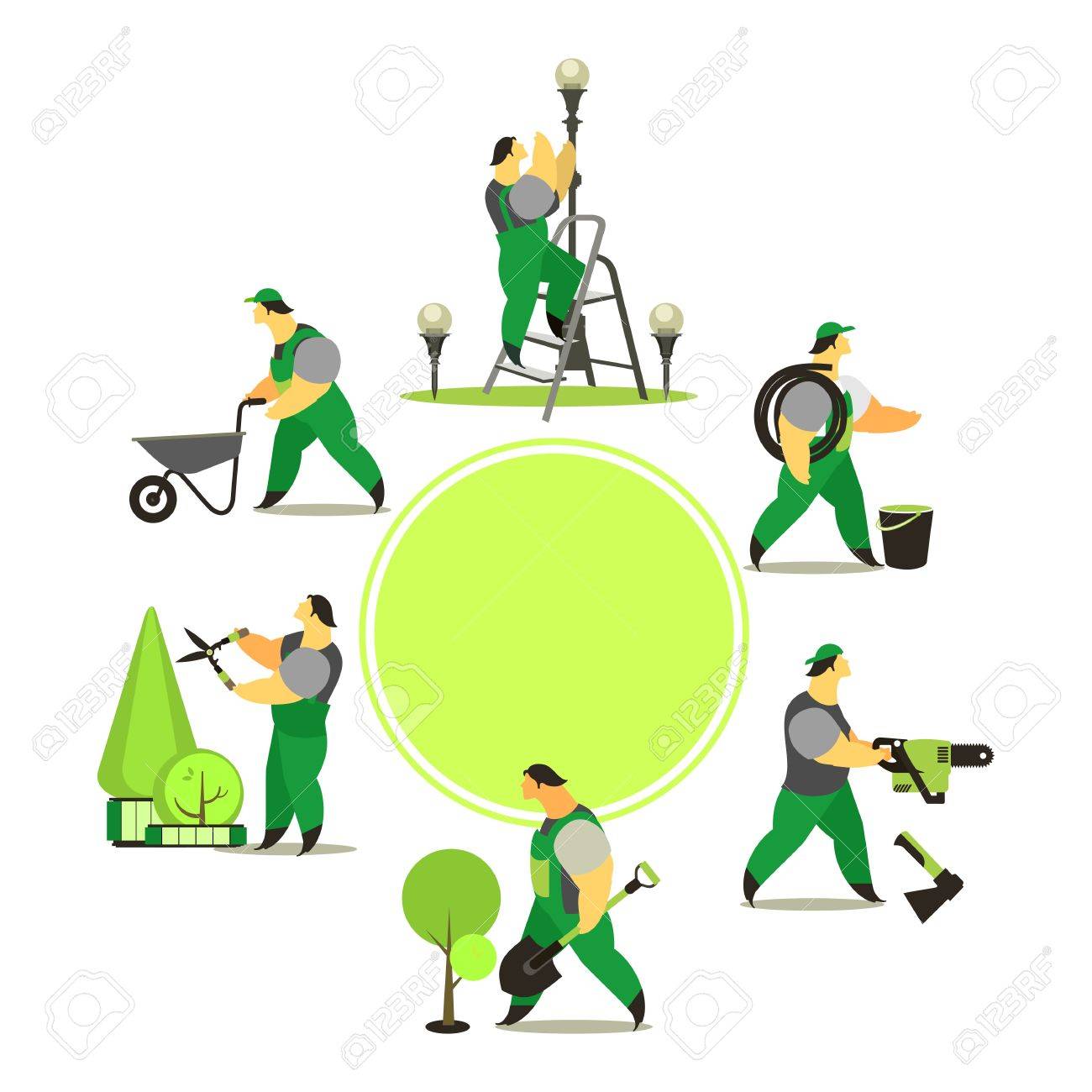 Ilustración Vectorial Conjunto De Agricultores Utilizando Herramientas Agrícolas Para El Cuidado De Los Parques Y Jardines De Cultivo De Cultivos Listo Para Un Texto Svg, Vectoriales, Clip Art Vectorizado Libre De