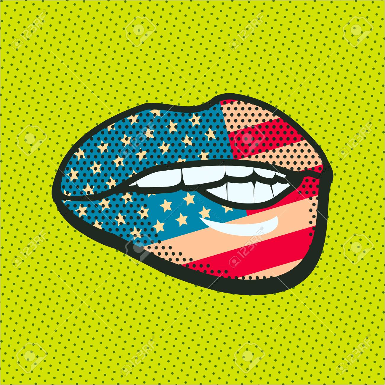 Vector Ilustracion De Un Labio Con La Bandera Nacional De Estados Unidos En El Estilo Del Arte Pop Sobre Un Fondo Brillante Con Puntos Ilustraciones Vectoriales Clip Art Vectorizado Libre De Derechos