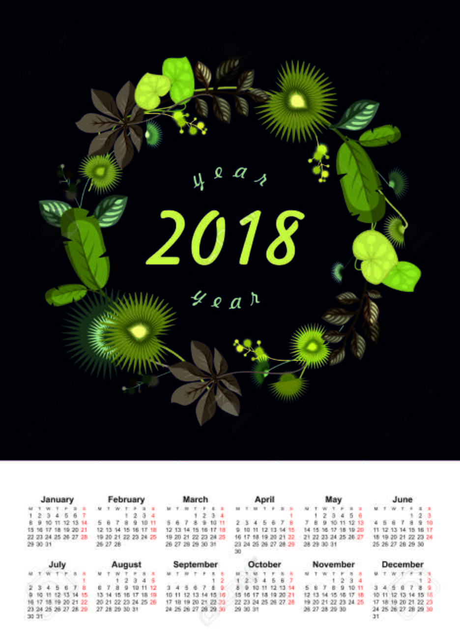 黒の背景に 18 年カレンダー新年内の熱帯植物の花輪のベクトル イラストのイラスト素材 ベクタ Image
