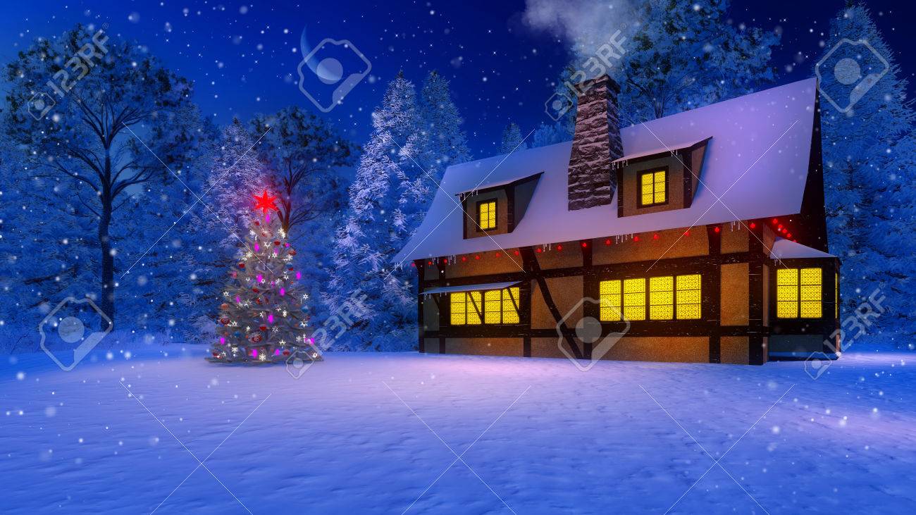 イルミネーション クリスマス ツリーと喫煙煙突と魔法雪夜の軒先でつららと居心地の良い素朴な家 の写真素材 画像素材 Image