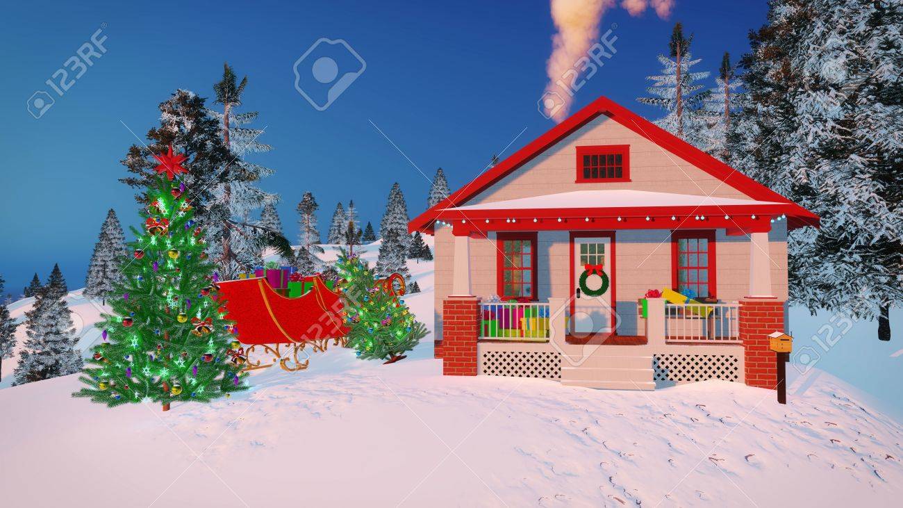 House Of Santa Claus With Gift Boxes On Its Porch Decorated