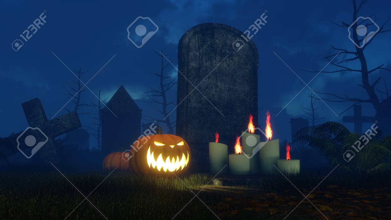 ジャック O ランタンは ハロウィンかぼちゃし 闇夜に不気味な墓地で古い墓石の前にキャンドルがライトアップします 3 D の図を閉じます の写真素材 画像素材 Image
