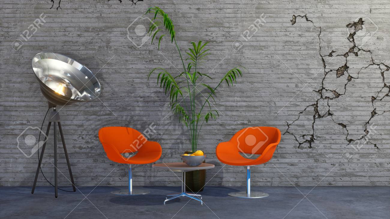 Modern Orange Chairs Coffee Table Houseplant And Spotlight