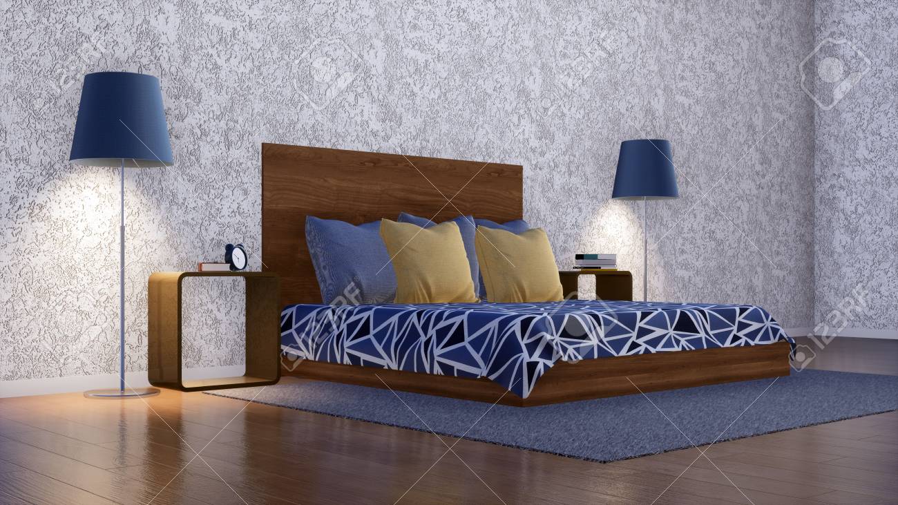 Modern Minimalist Bedroom Interior With Double Bed Simple Nightstands