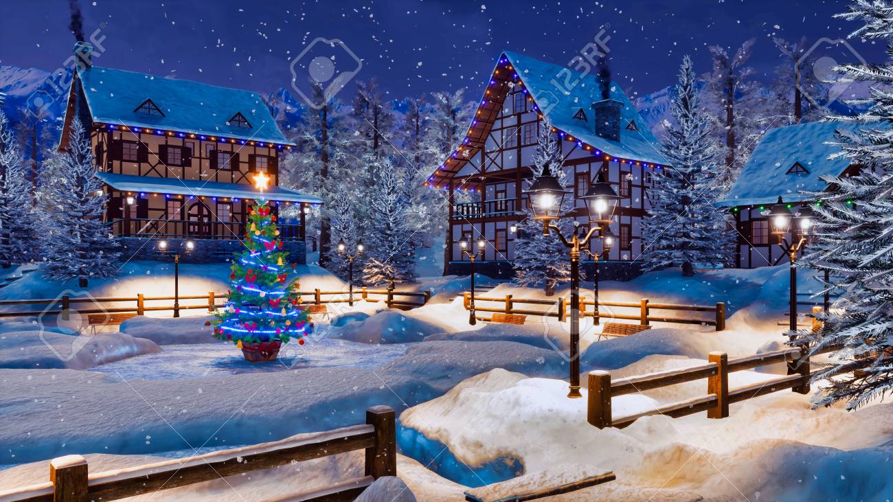 Alpine Village Christmas 2022 Peaceful Winter Scenery - Snow Covered Alpine Village High In Mountains  With Illuminated Half-Timbered Houses And Decorated Christmas Tree At  Snowfall Night. Stock Photo, Picture And Royalty Free Image. Image  114395763.