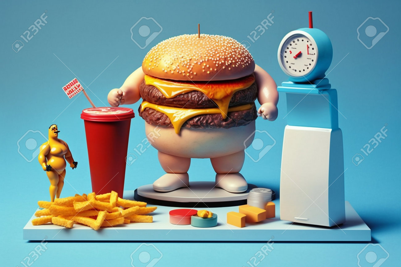 Problema De Comida Rápida De Tener Sobrepeso. Dieta Inadecuada, Comida Chatarra, Hábitos Poco Saludables. Problema De Sobrepeso, Gente Gorda, Barriga Grande, Calorías Extra, Dieta. Grasa De Hamburguesa Nutrición Adecuada. Fotos, retratos, imágenes