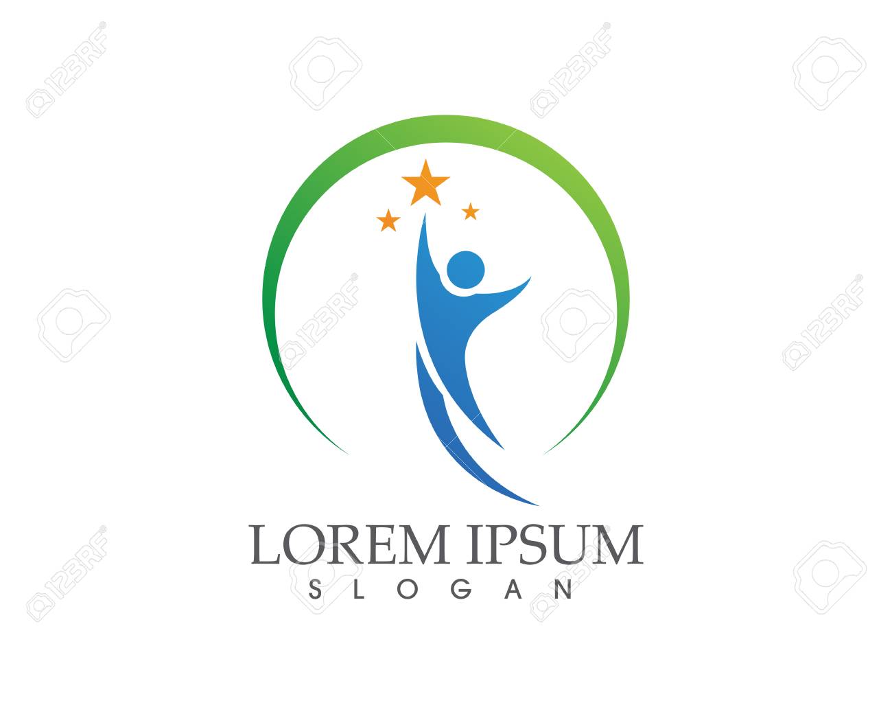 Stars With Blue Silhouette With Green Semi Circle Logo And Symbols