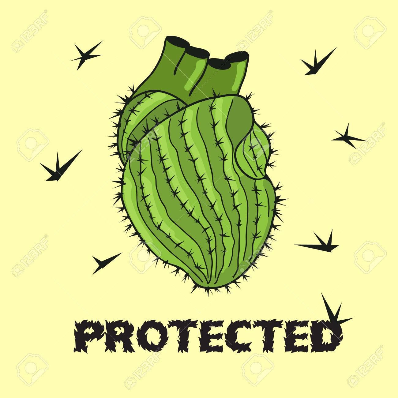 サボテン中心漫画イラスト 緑のとげのあるとげのあるサボテン人間の心を落書き いばらの冠を保護された心 のイラスト素材 ベクタ Image