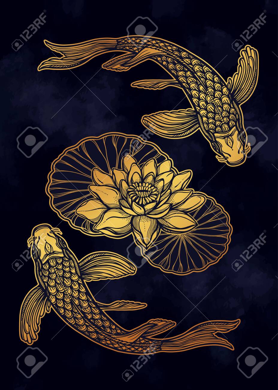 Handgezeichneter ethnischer fisch (koi-karpfen) mit wasserlotosblüten - symbol der harmonie, weisheit. vektor-illustration isoliert. spirituelle kunst für tattoo, boho, malbücher. schön detailliert, ruhig. - 124031246 Handgezeichneter ethnischer fisch (koi-karpfen) mit wasserlotosblüten - symbol der harmonie, weisheit. vektor-illustration isoliert. spirituelle kunst für tattoo, boho, malbücher. schön detailliert, ruhig. - 124031246
