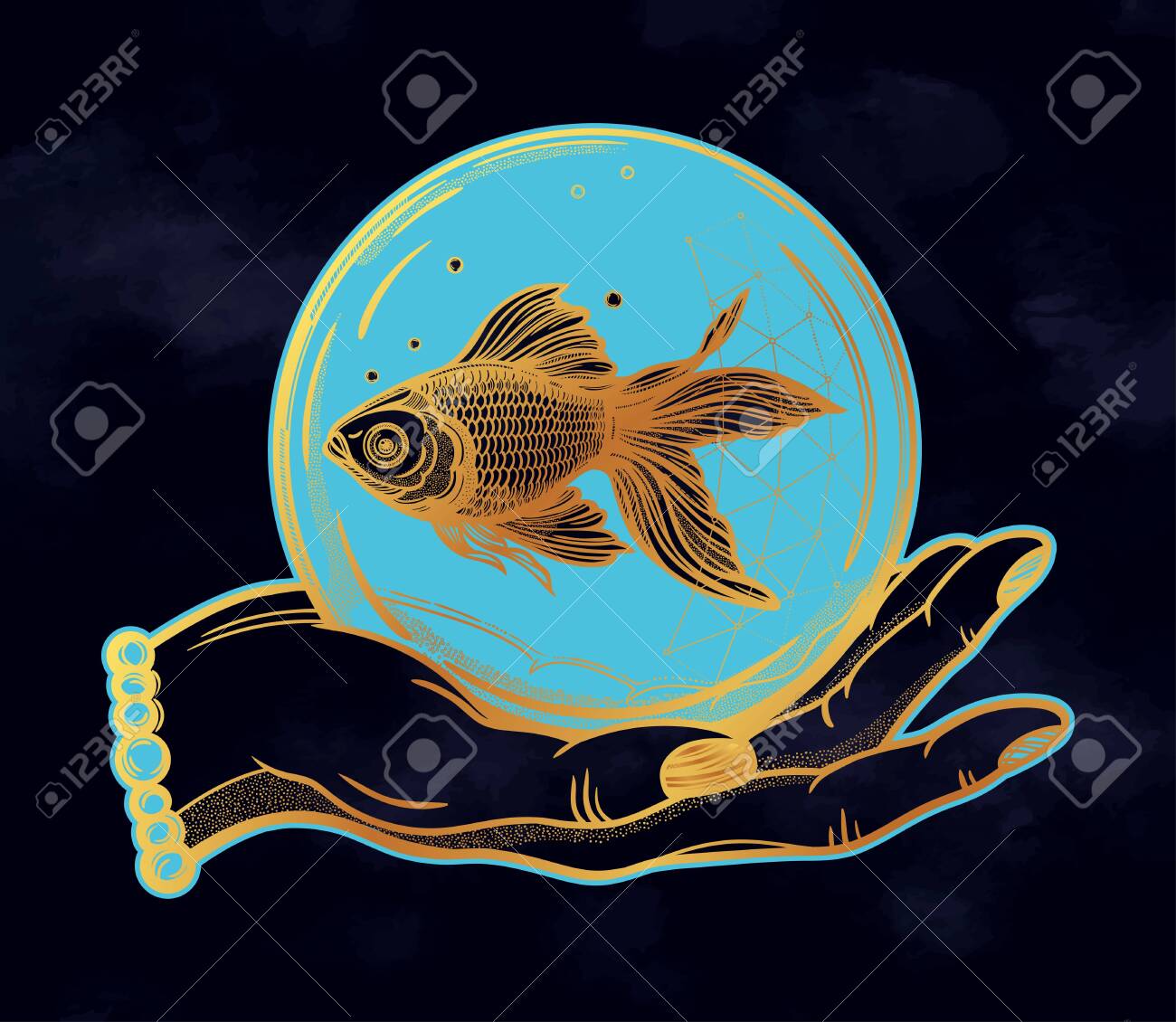 Traditional Tattoo Flash Hand With Goldfish In A Water Bubble.Vintage Style  Inspired Art. Vector Illustration Isolated. Tattoo Design, Trendy Romance  Symbol Of Hope, Luck For Your Use. Royalty Free SVG, Cliparts, Vectors,, image size:1300x1130