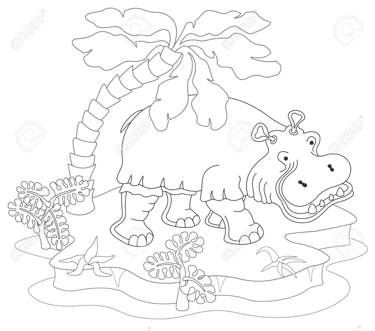 ぬり絵やカバ 島 ヤシの木 エキゾチックな植物のページ イラスト のイラスト素材 ベクタ Image 58418487