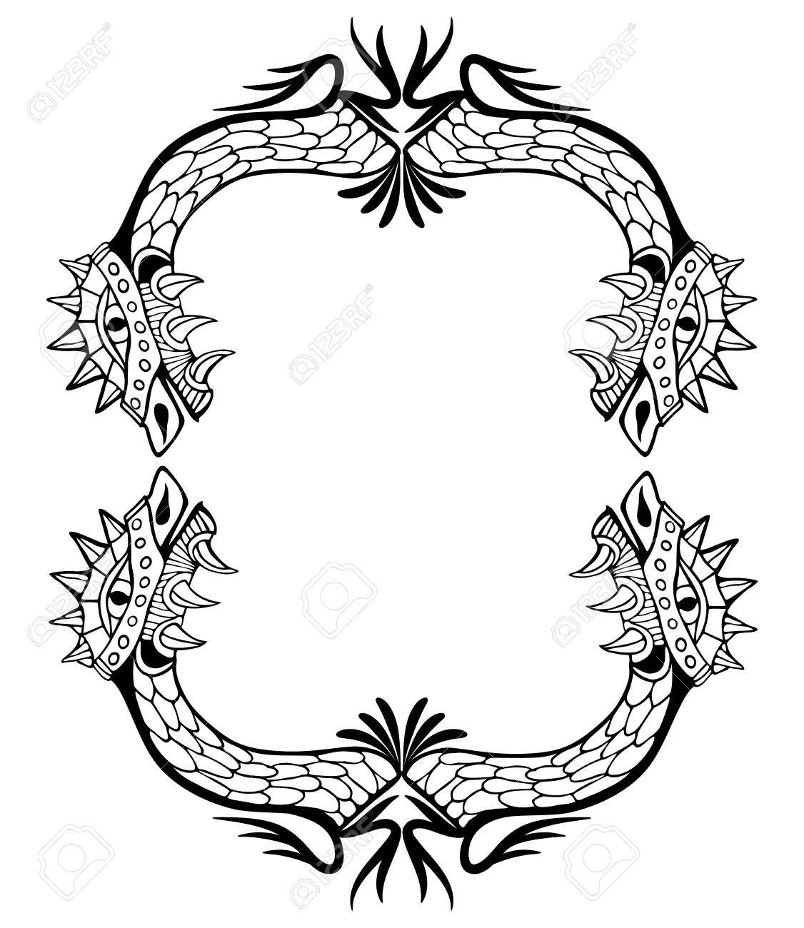 dragon frame coloring book and tattoo vector illustration royalty