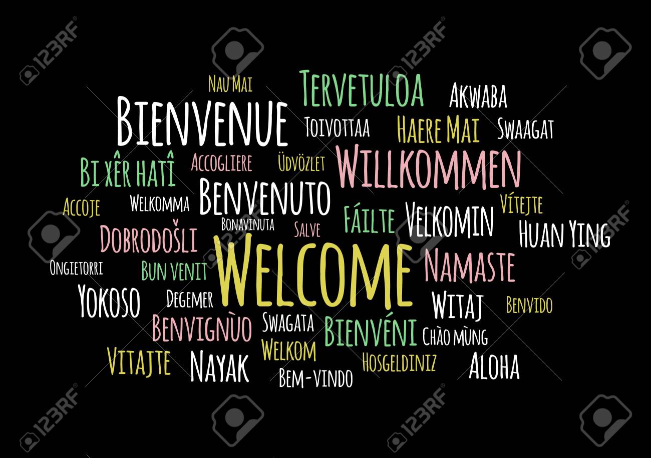 黒の背景に異なる言語ワードクラウドベクトルで歓迎します のイラスト素材 ベクタ Image