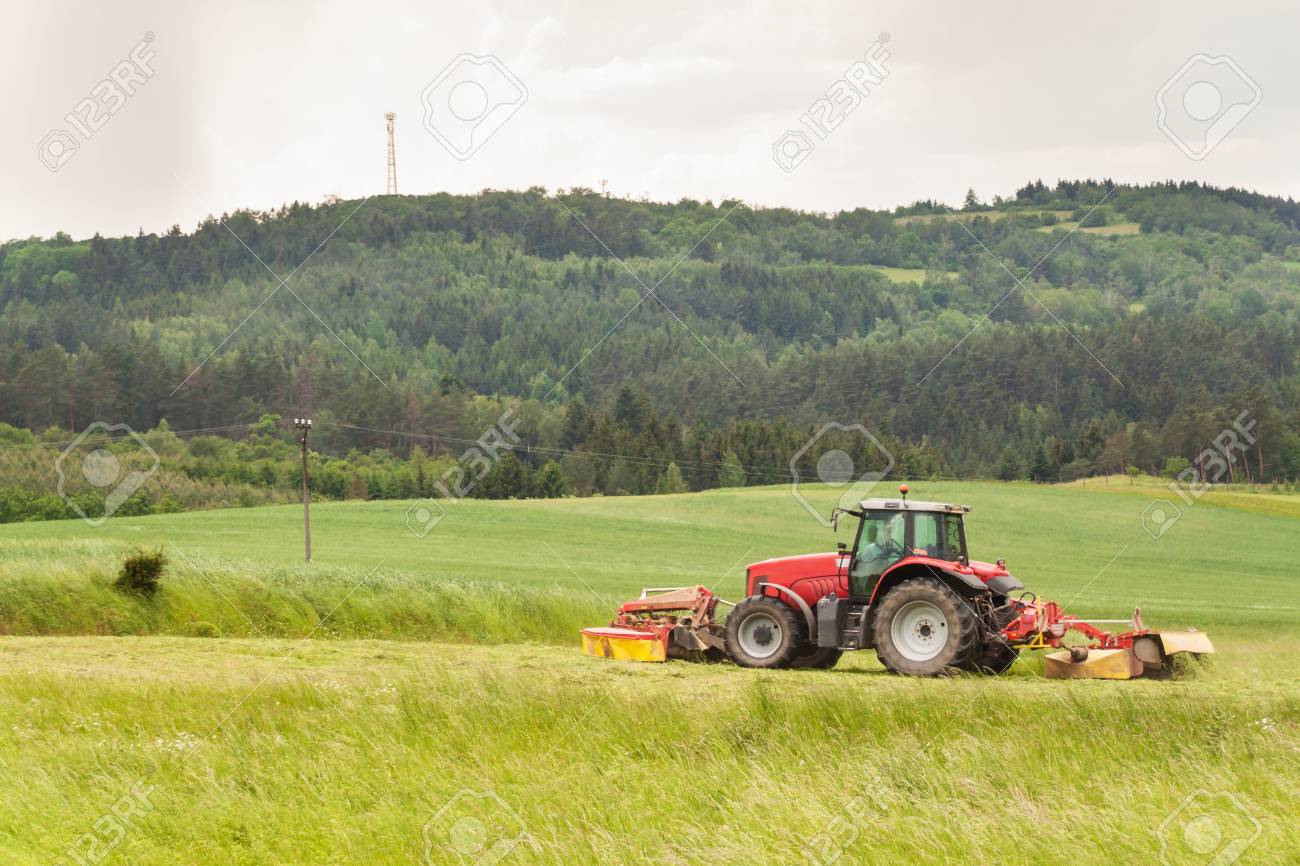 Travailler Dans Une Ferme Agricole Un Tracteur Rouge Coupe Un Pre