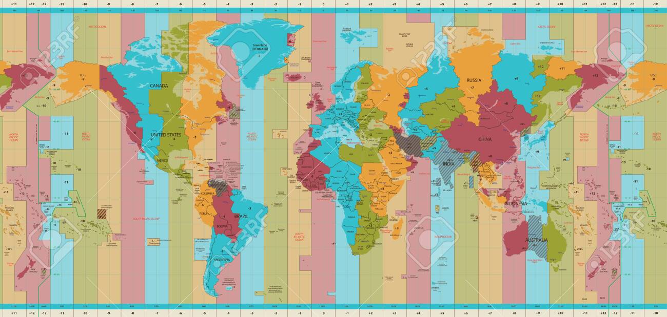 Detailed World Map Standard Time Zones Royalty Free Cliparts, Vectors, And Stock Illustration. Image 133998048.