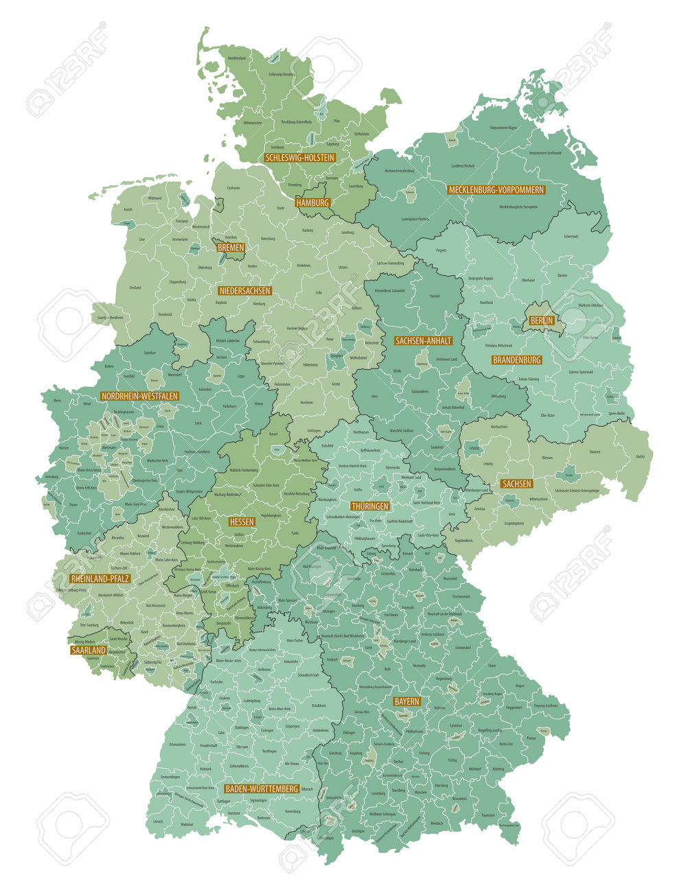 Szczegółowa Mapa Krajów Związkowych Niemiec Z Podziałem Administracyjnym Na  Ziemie I Regiony Kraju, Ilustracja Wektorowa Na Białym Tle SVG, Cliparty,  ilustracje stockowe oraz ilustracje wektorowe Royalty Free. Image 160778679