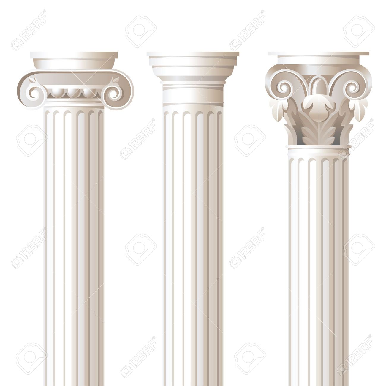 3 columns in different styles ionic doric corinthian for column styles