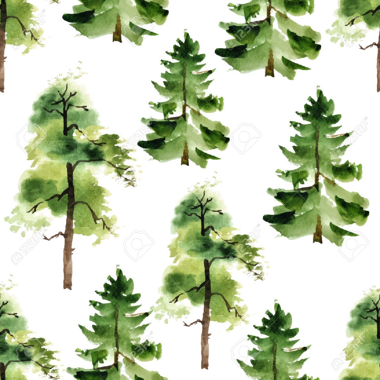 Watercolor Trees Seamless Pattern On White Background Royalty Free