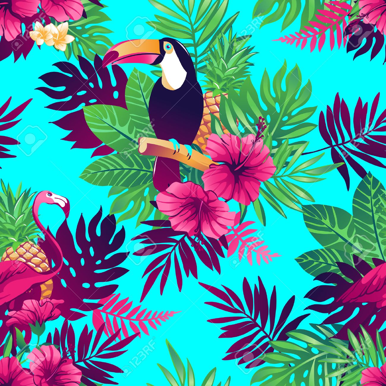 tropical trendy seamless pattern with toucans flamingos exotic