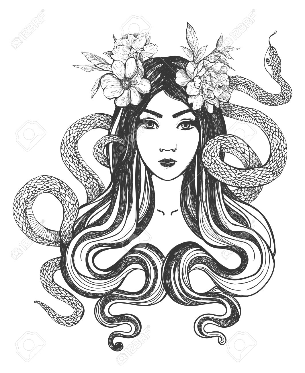 Woman with flowers and snakes. Tattoo art, coloring books. illustration Isolated on white background. - 52783008 Woman with flowers and snakes. Tattoo art, coloring books. illustration Isolated on white background. - 52783008