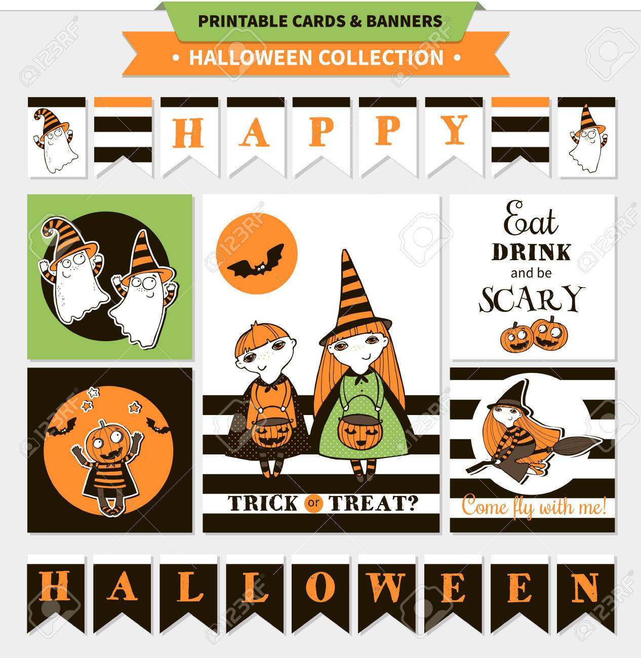 Halloween printable vector playing cards and banners with cartoon humorous.. photo regarding Printable Halloween Banners titled Halloween printable vector playing cards and banners with cartoon amusing..