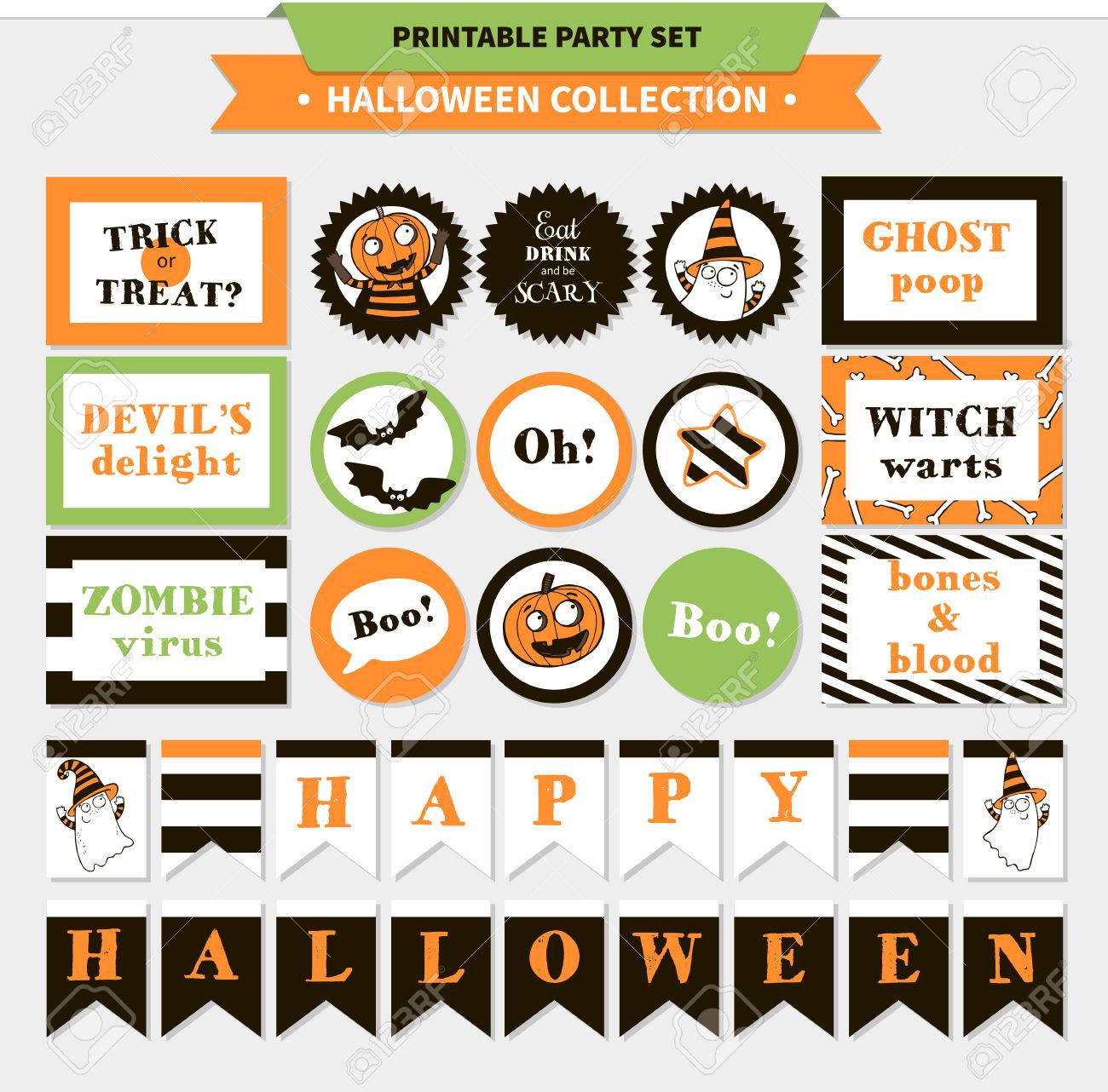 Halloween occasion fastened, printable vector playing cards, banners, stickers.. picture regarding Printable Halloween Banners known as Halloween get together mounted, printable vector playing cards, banners, stickers..