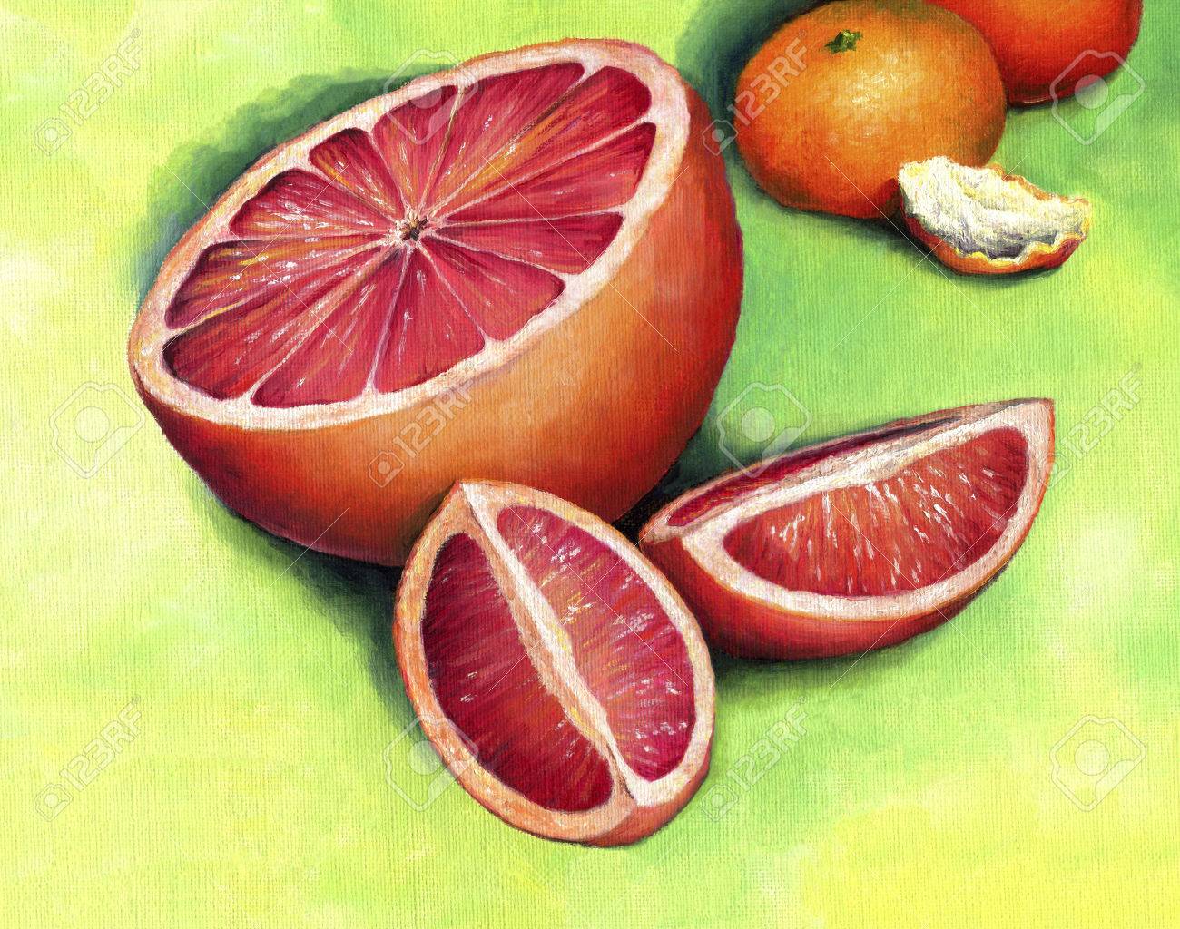 Red grapefruit, painted in oil on canvas. Grapefruit, cut into pieces. - 40319943 Red grapefruit, painted in oil on canvas. Grapefruit, cut into pieces. - 40319943