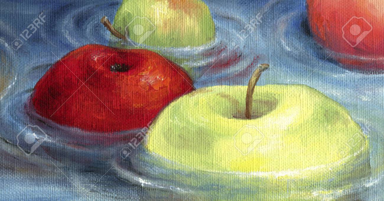 Red and green apples floating on the water surface. Floating apples depicted in oil on canvas. - 42096670 Red and green apples floating on the water surface. Floating apples depicted in oil on canvas. - 42096670