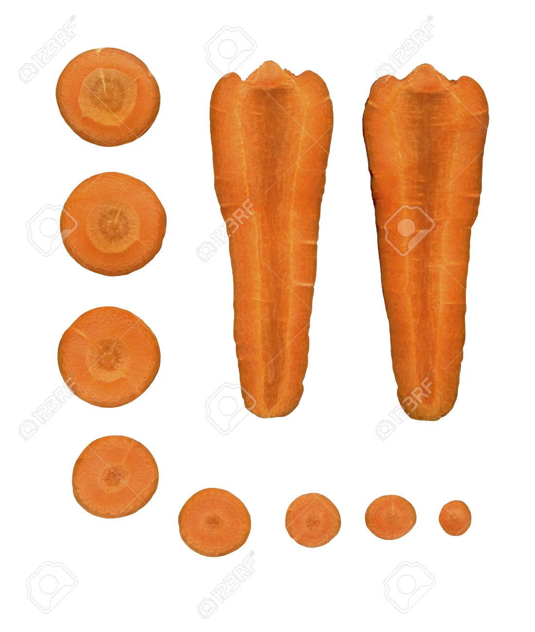 Fresh vegetables - carrots cut into pieces on a white background. Transverse and longitudinal sections of natural carrot on a white background. - 45104480 Fresh vegetables - carrots cut into pieces on a white background. Transverse and longitudinal sections of natural carrot on a white background. - 45104480