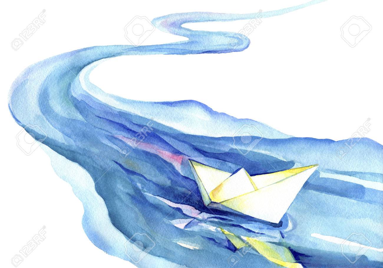 White paper boat floating in the water.Watercolor painting of the river and ship on a white background. - 49792034 White paper boat floating in the water.Watercolor painting of the river and ship on a white background. - 49792034