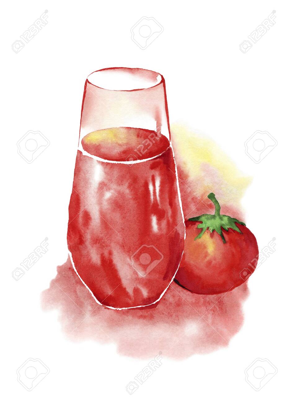 A glass of tomato juice and a red ripe tomato.Watercolor drawing on a white background - 148612013 A glass of tomato juice and a red ripe tomato.Watercolor drawing on a white background - 148612013
