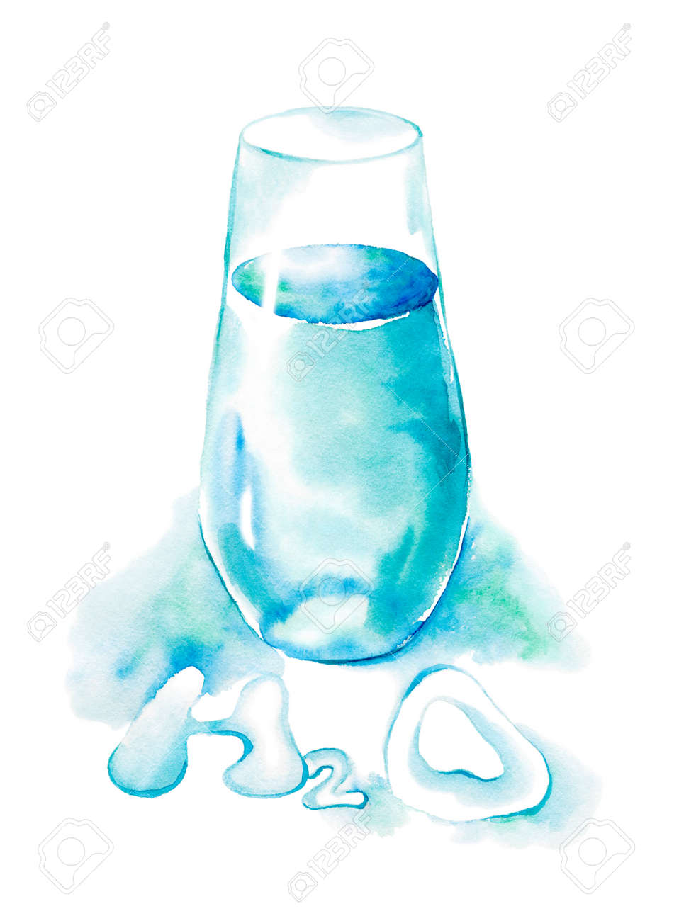 Glass with clear water and water formula. Watercolor drawing on a white background - 148611340 Glass with clear water and water formula. Watercolor drawing on a white background - 148611340